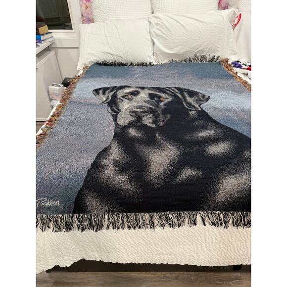 Black Lab Dog Woven Tapestry Throw Blanket, 48x55 (59” incl fringe), Signed - Picture 6 of 6